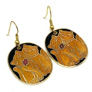 Vintage Cloisonne Cat Earrings - Enamel Kitty